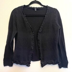 Frye Black Pointelle Scalloped Knit Cardigan Goth Layer Sweater Women’s Medium